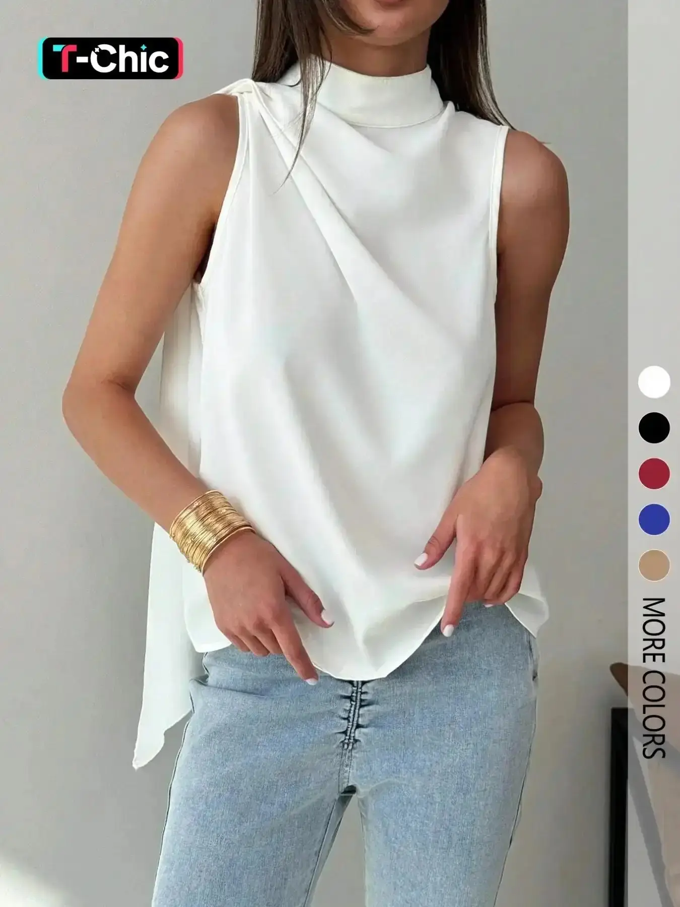 Women's solid color top, casual and elegant Fitted Casual Chic Sleeveless shirt with ribbon design, suitable for all seasons, Basic Elegance