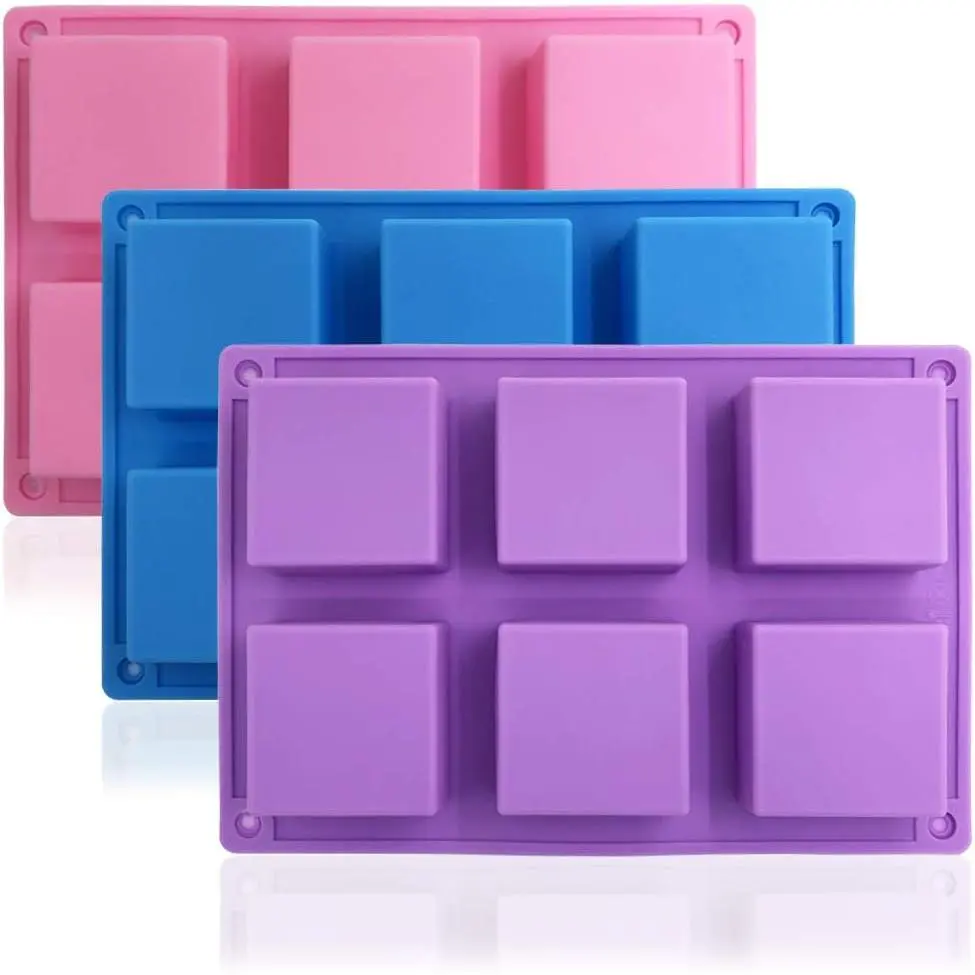 Betty's Bakeware Sturdy & Flexible 3-Pack Square Silicone Cake Baking Mold Set - 6 Cavities Each, Purple, Blue, Pink