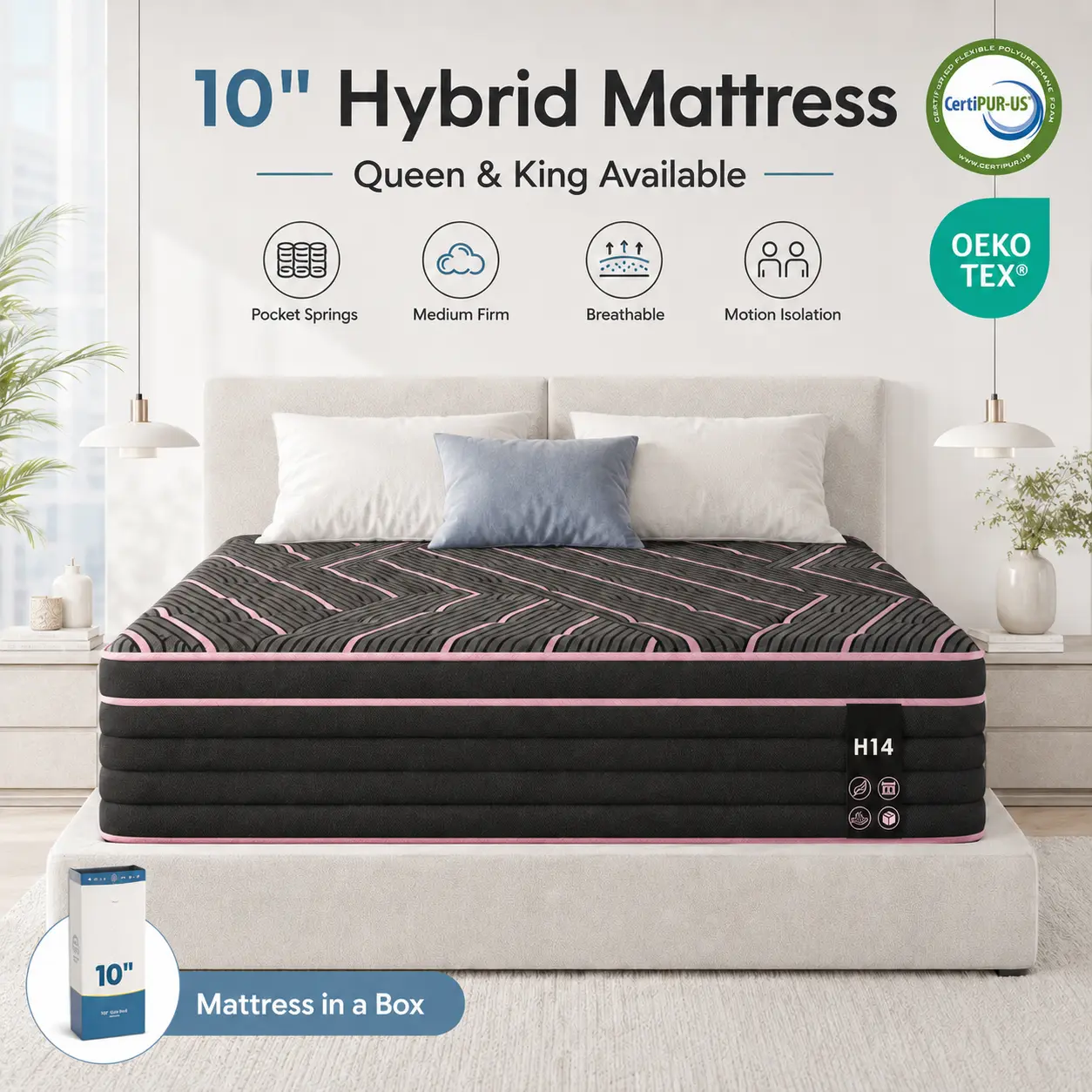 Queen & King Size Hybrid Mattresses in a Box – Medium Firm Memory Foam with Individually Pocketed Springs, Motion Isolation, Pressure Relief, Breathable Comfort, CertiPUR-US Certified, Cooling Sleep, All-Season Mattresses, Bed Upgrade