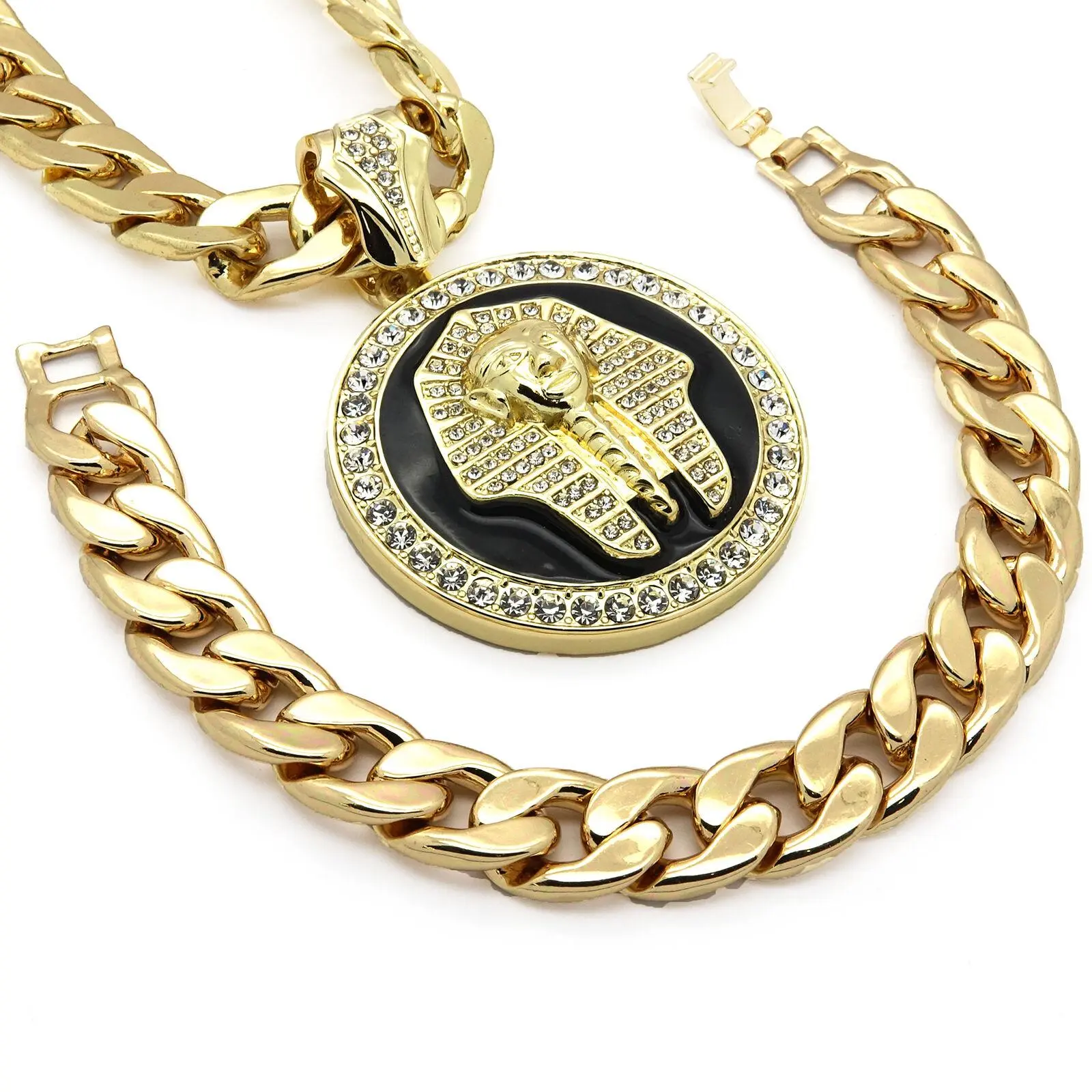 14K Gold Plated XL Black Pharaoh Pendant Necklace CZ-Iced 30inch Cuban Chain & Bracelet Urban Ancient Bling Set