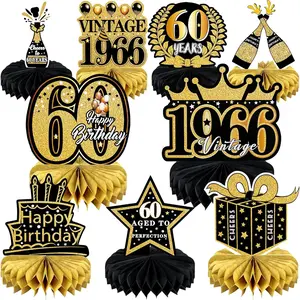 9 Pcs 60th Birthday Decorations for Men Women Black Gold 60th Birthday Table Centerpieces Cheers to 60 Years Honeycomb Table Topper for 60th Birthday Party Favors