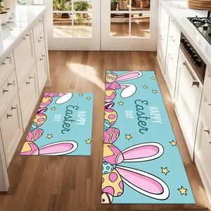 2Pcs Abstract Rabbit Ears Easter Rabbit Eggs Floor mat set including farmhouse kitchen Rug dining room flooring laundry room decorative carpet mat
