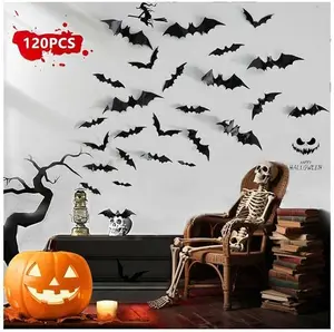 120pcs Halloween Bats Decorations Outdoor Indoor, Halloween Party Supplies, 3D Bat Stickers for Wall Window Home Kitchen Scary Decor