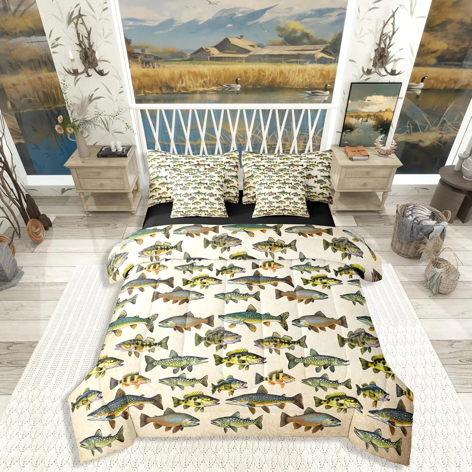 Feelyou 7-Piece Ultra-Soft Vintage Pike Fish Microfiber Bedding Set - Coastal Bedding, Whimsical Home Decor, Multi-Size Bed-in-a-Bag for Twin Boys, Fish Print, Beach-Themed Bedding Sets Collections