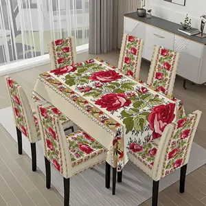 5/7-piece 2D Flat Printing Beige Background with Red Flowers and Green Leaves Pattern Printing Pattern Tablecloth and Chair Cover Set, for dining table and chair decoration, perfect for home, holiday gatherings, restaurants, and parties.