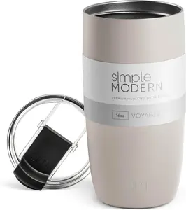 Simple Modern Voyager Travel Coffee Mug with Flip Lid | Reusable Insulated Stainless Steel Tumbler for Cold Brew and Iced Coffee | 16oz | Almond Birch | Perfect Gift for Him or Her