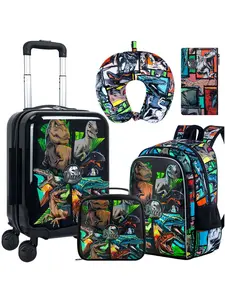 5Pcs Kids Luggage Set with Cool Green Skateboarding T-Rex Print | Wheels + Backpack + Lunch Bag + Neck Pillow + Pencil Case | Dinosaur Themed Travel Trolley Set for Boys, School & Vacation Trip