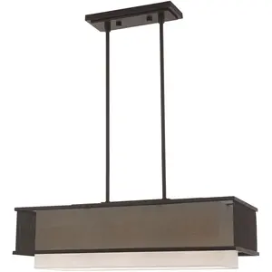 12 inch 3 Light Bronze Linear Chandelier with Bronze Stainless Steel Mesh Outside & Hand Crafted Oatmeal Fabric Hardback Inside Shade