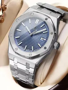 Men's Luminous Watch, 30m Waterproof Japanese Quartz Movement, Silver Color Stainless Steel Band, Business Style Gift for Men & Boys, Luminous Fashionable Watch