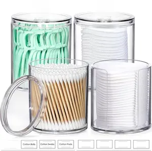 4 Pcs, Acrylic Qtip Holder Dispenser for Cotton Swab, Ball, Round Pads, Floss Picks - Clear Plastic Apothecary Jar Set for Bathroom Canister Storage Organization, Vanity Makeup Organizer