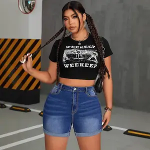 Plus-size mid-waist high-stretch denim shorts
