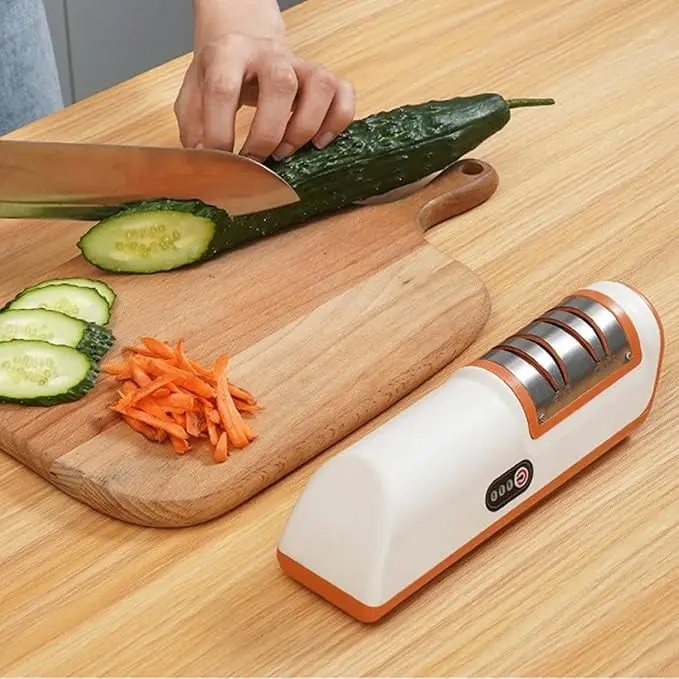 Portable multifunctional automatic electric knife sharpener, USB rechargeable handheld sharpener, 2-stage sharpener, kitchen portable sharpener, kitchen knife sharpener with anti-slip rubber block.