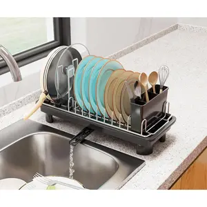 Compact Dish Drying Rack,Small Dish Rack for Counter, Dish Drainer with 360° Rotatable Spout,Rack, Dish Strainer with Cutlery Holder for Pots, Fork & Saving