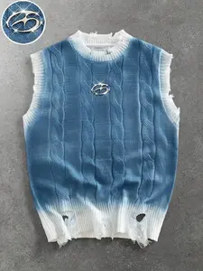 Streetwear - Men's Ombre Knit Sweater Vest, Gradient Pattern Sleeveless Pullover with Metal Trim Detail, Modern Casual Layering Piece for Fall and Winter summer mens clothing summer outfits vacation outfits men's wear streetwear clothing Menswear Blue