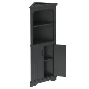 Black Tall Corner Storage Cabinet with 2 Open Shelves & Closed Cabinet 90° Wall-Fit Design Round Corner Safety MDF Particle Board Construction Easy Assembly for Bathroom Living Room Laundry