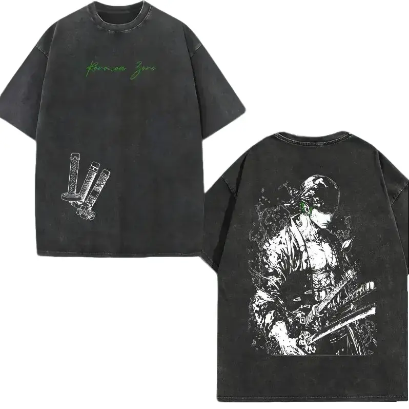 Men's Roronoa Zoro Round Neck T-Shirt - Oversized Vintage Washed Heavyweight 230gsm Cotton Streetwear with Santoryu Graphic, Top, Casual Fit, Graphic Print, Pre-Washed Soft, Anime Style, Tshirt