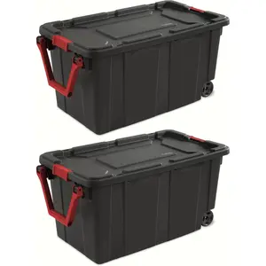 YHNNH Industrial Storage Tote with Wheels, Black, 40 Gallon, Heavy Duty Plastic Container, Handle and Latches, 36.75x21.38x18 Inch, Set of 2
