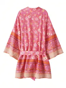 Women's Floral Print Kimono Cardigan with Belt, Boho Casual 3/4 Sleeve Open Front Outerwear for Beach Vacation Holiday, Ladies Clothes for All Seasons, Womenswear