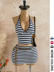 Women's V Neck Strappy Top & Short Skirt Set, Matching Striped, Casual Summer, Fitted, Comfortable Daily Wear, Stylish Women's Clothing