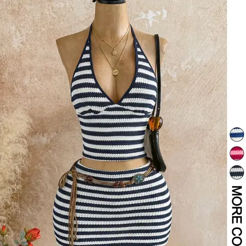 Women's V Neck Strappy Sleeveless Top & Short Skirt Set, Matching Striped, Casual Summer, Fitted, Comfortable Daily Wear, Everyday, Stylish Women's Clothing