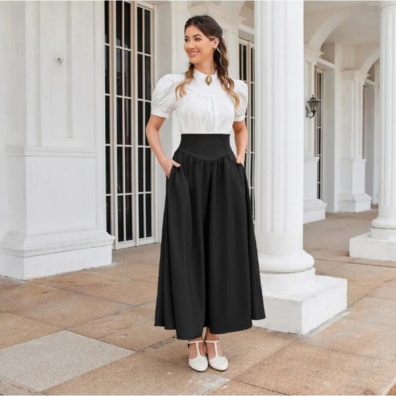 OK LADY Size Chart 2025 New European And American AliExpress Amazon EBay Best Selling Women's Pocket Elastic High Waist Bandage Long Skirt Casual Fabric White Bottoms Womenswear Polyester