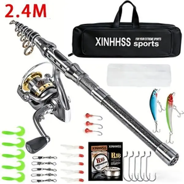 Carbon Fiber Telescopic Fishing Rod & Reel Combo Full Kit - 15-20 In/6Ft – 8Ft, Airline Carry-On, Backpacking & Camping Travel Gear with Carrier Bag, Saltwater/Freshwater Use, Emergency Car Kit, Husband Gift (Home & Festive Party Supplies), Reels, Husband