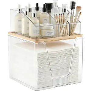 2 in 1 Disposable Facial Towel Holder and Cosmetic Organizer, Clear Storage with Bamboo Lid Compatible with Clean Skin Club Towel XL, Stackable Vanity Organizer for Bathroom Vanity Counter (1 Pack)