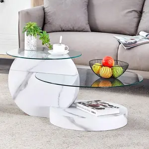 35 Inch Double Layer Coffee Table Round - Tempered Glass Tabletop, White Coffee Tables With Imitation Marble Legs, Modern Practical Art Decor Design Table For Living Room & Bedroom, For Small Space Home Office, Cafe, Office, Set For Christmas Parties