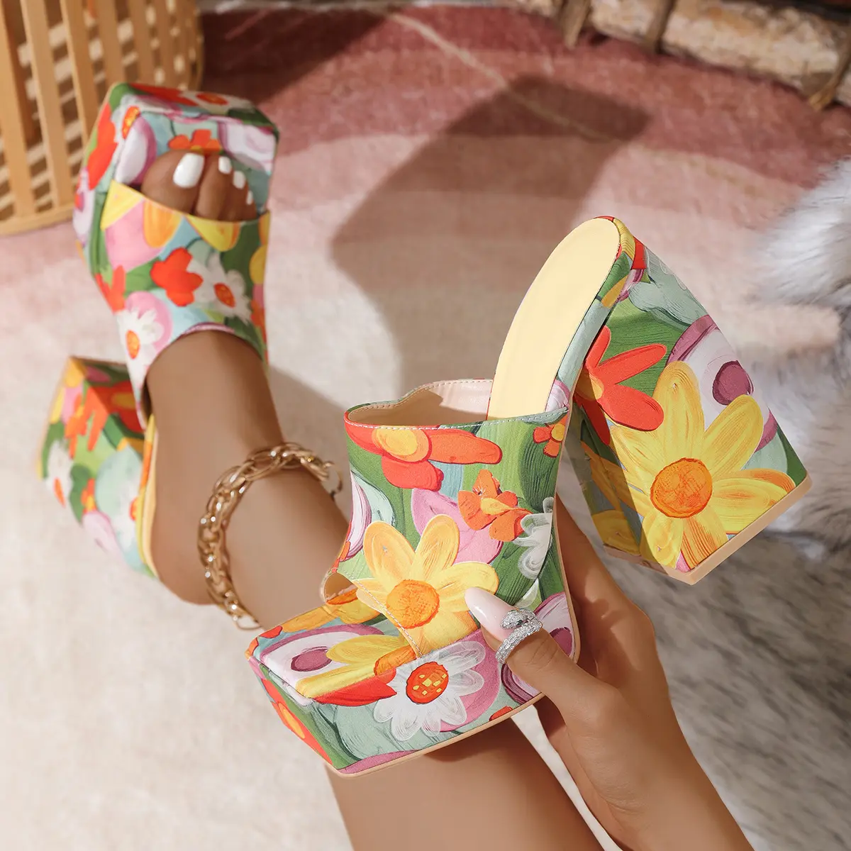 Women's Open-Toe Platform Chunky Wedge Heel Sandals - Classy Slip-On Footwear for Summer Casual Occasions fashionable floral