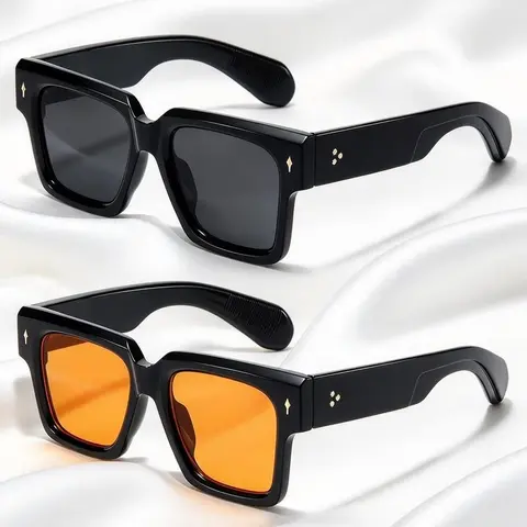【Summervibes】2Pcs Square Frame Sunglasses for Women Men Trendy Chunky Rectangle Sun Glasses Black Shades UV400 Protection