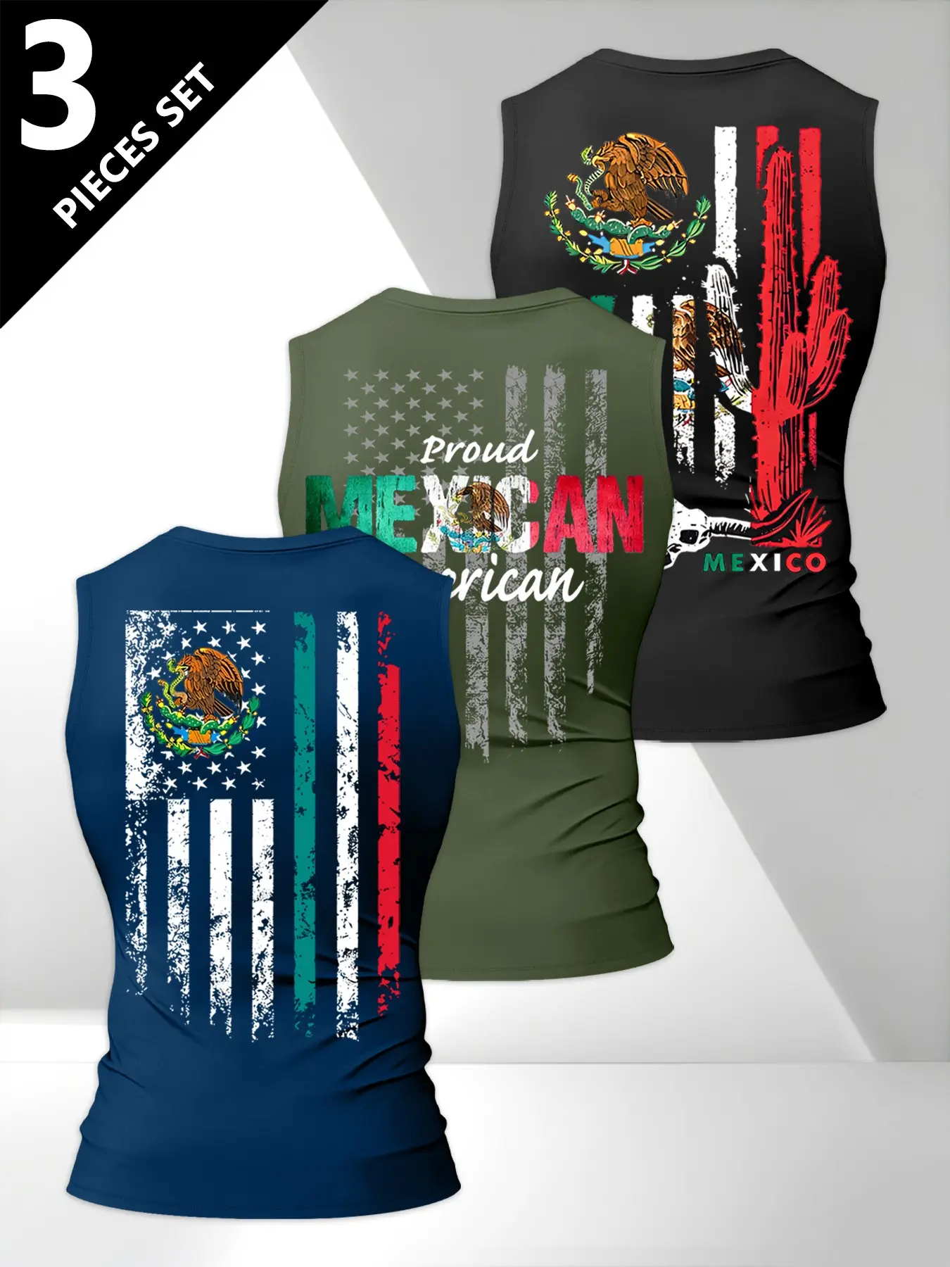 Men's 3-Pack Sleeveless Tank Tops, Tank Shirt, Mexican American Flag Graphic Print, Vintage Washed Design, Casual Party Sports Wear