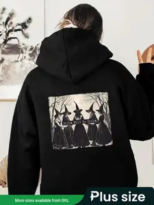 【Plus Size】 Witch Print Drop Shoulder Drawstring Hoodie, Fashion Casual Pocket Hooded Sweatshirt for Daily Outdoor Wear, Women Clothing for Fall & Winter, Halloween