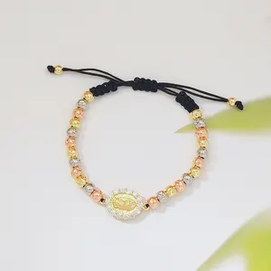 Three-color gold Virgin Mary woven bracelet, 18K gold-plated religious beaded adjustable wristband