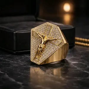 Gold Color Hexagonal Ring with Criss Cross Design and Rhinestones, Elegant and Stylish Accessory for Men