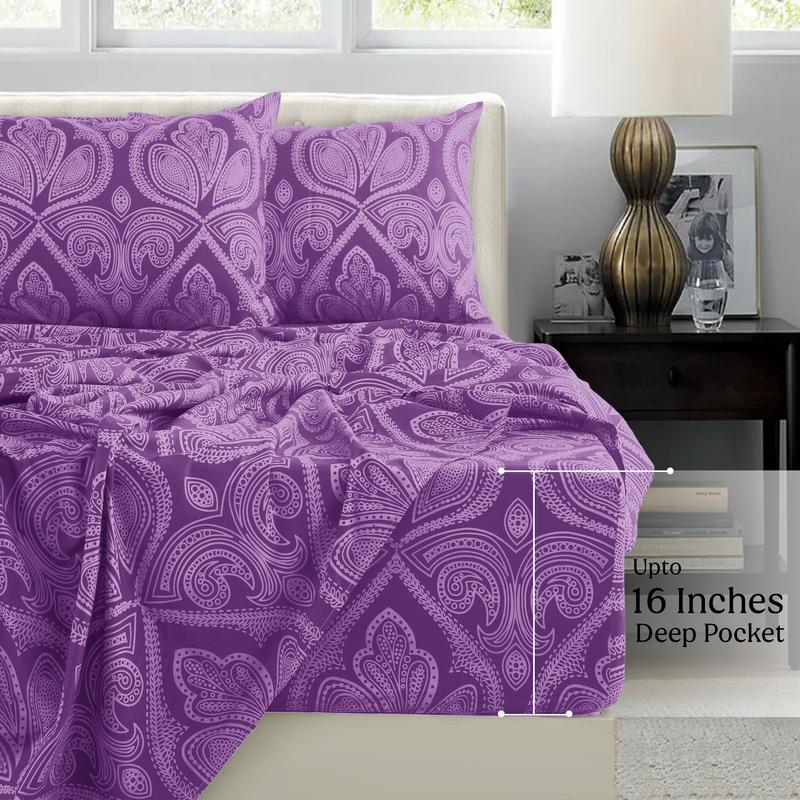 LUX DECOR 6-Pc Paisley & Solid Embroidered Bed Set- King Bed Sheet & Pillowcases - Upto 16" Deep Pocket Hotel Luxury Cozy Polyester Queen Sheets- Decorative Bedsheet Sets-Breathable Durable Sheets