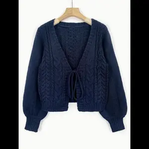 Women's Long Sleeve V Neck Tie Front Cardigan Sweater, Cardigan for Women, Fashion Casual Drop Shoulder Knitwear for Fall & Winter, Women Clothing for Daily Wear, Balkan School Outfits, Cardigans for Women Womenswear Black Blue Brown