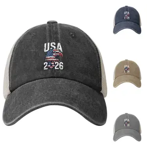 Unisex USA 2026 patriotic eagle soccer washed cotton trucker hat, adjustable mesh baseball cap with American flag for sports fans