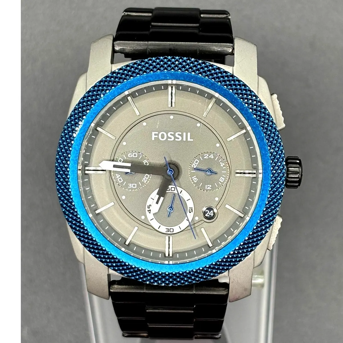 Fossil Machine FS4659 Men’s Chronograph Blue Bezel Gray Dial Black IP Watch
