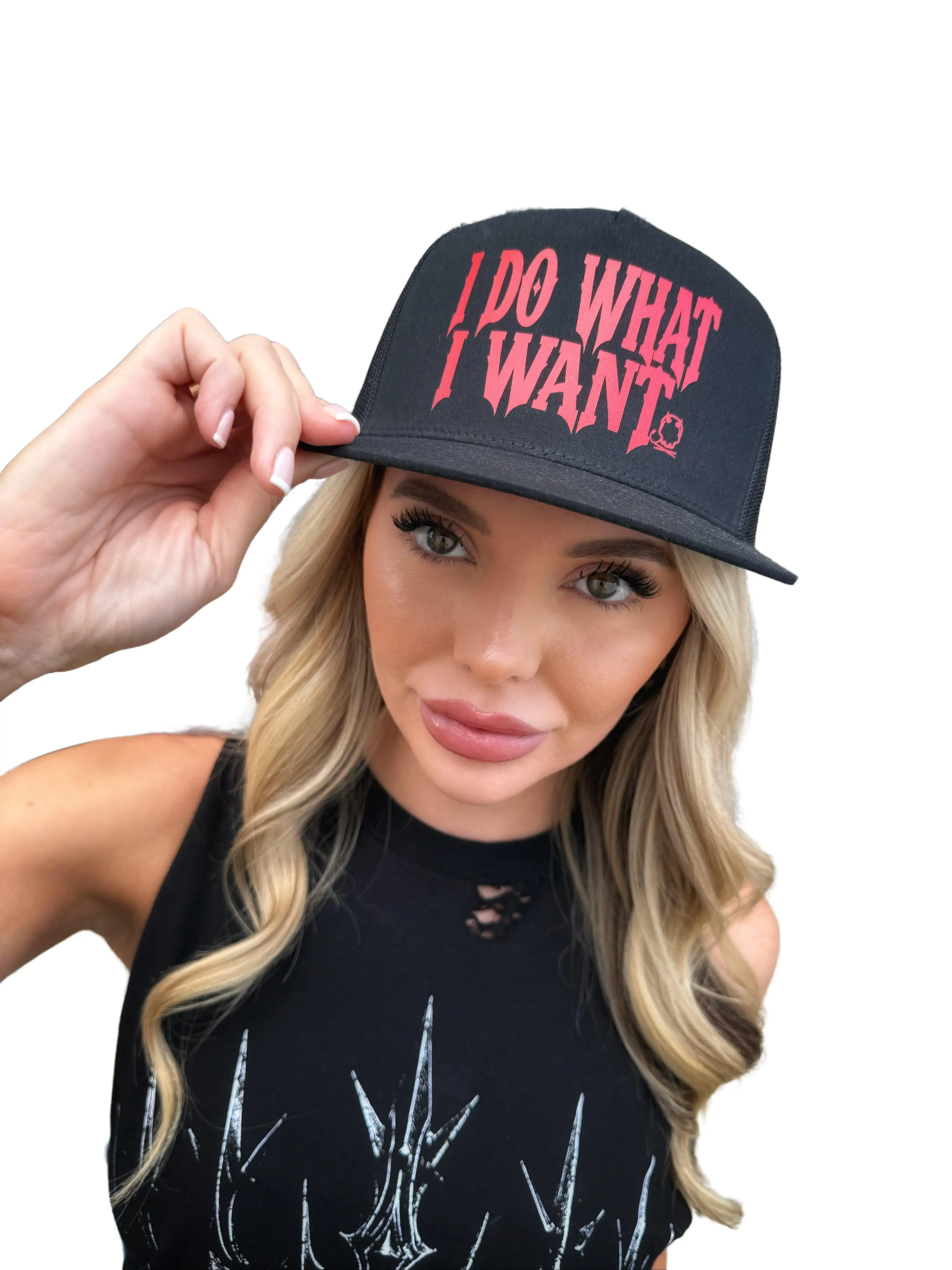 TheDriveClothing I Do What I Want Black Flat Bill Hat – Y2K Streetwear Snapback Cap, Red Graphic Biker Fashion, TikTok Viral Skater Hat, Grunge Urban Alt Goth Aesthetic Style