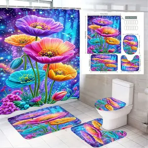 4pcs Psychedelic Floral Bathroom Set, Blue Starry Shower Curtain, Colorful Blooms, Whimsical Dragonfly Design,The floor mat fabric is thicker and softer!  Ideal for Spring Refresh