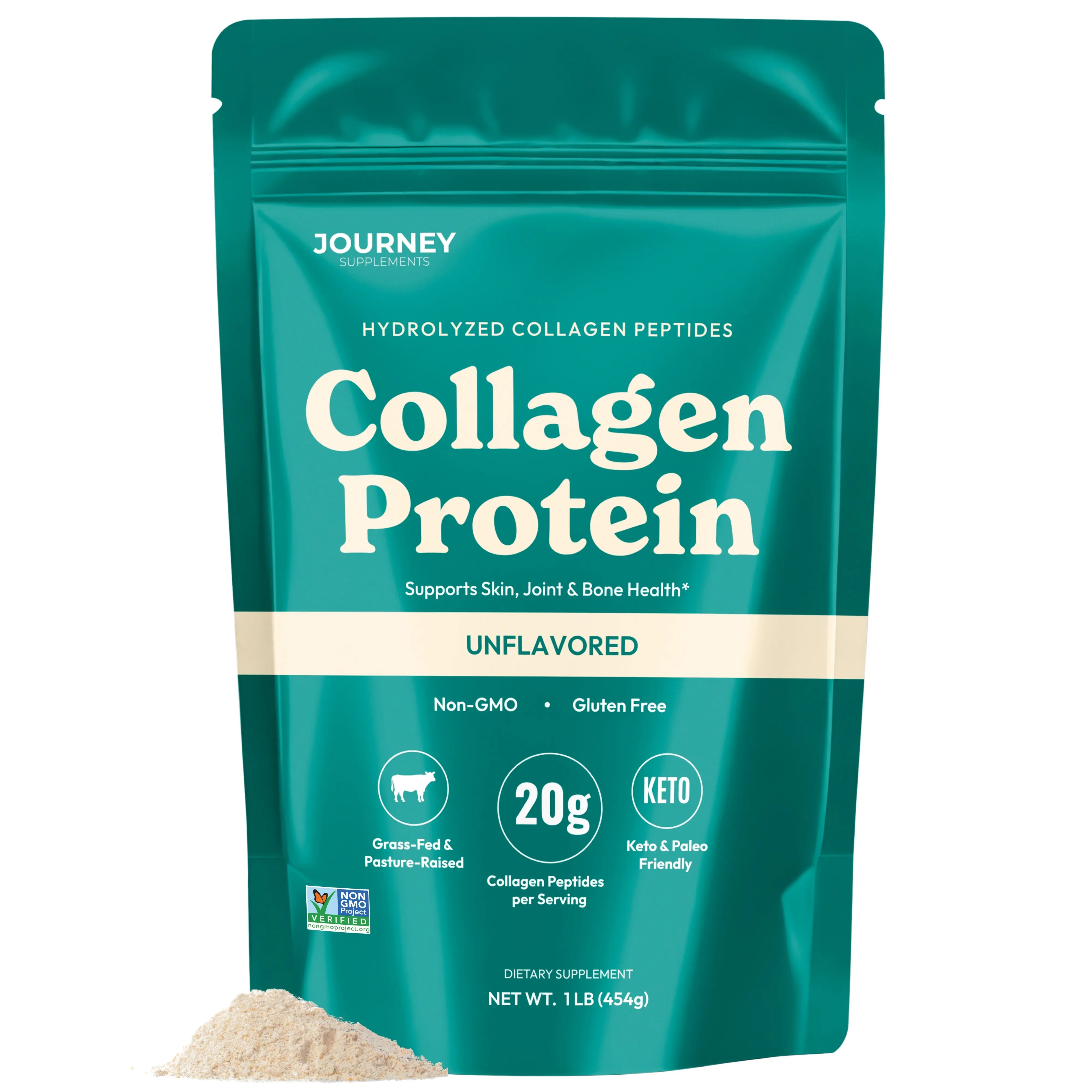 Journey Collagen Peptides Powder, Unflavored, Grass-Fed, Pasture-Raised 1lb | 20g Protein, Hydrolyzed Type I & III Collagen, Supports Hair-Skin-Nails, Bones & Joints, Zero Sugar, Dissolves Fast, Non-GMO