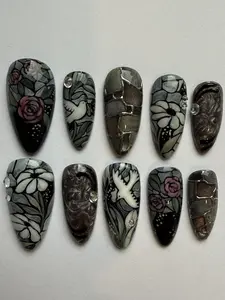 Gothic Floral Press On Nails, Stained Glass Nails, Black Rose Dove Nails, Vintage Art Nails, Dark Aesthetic Nails