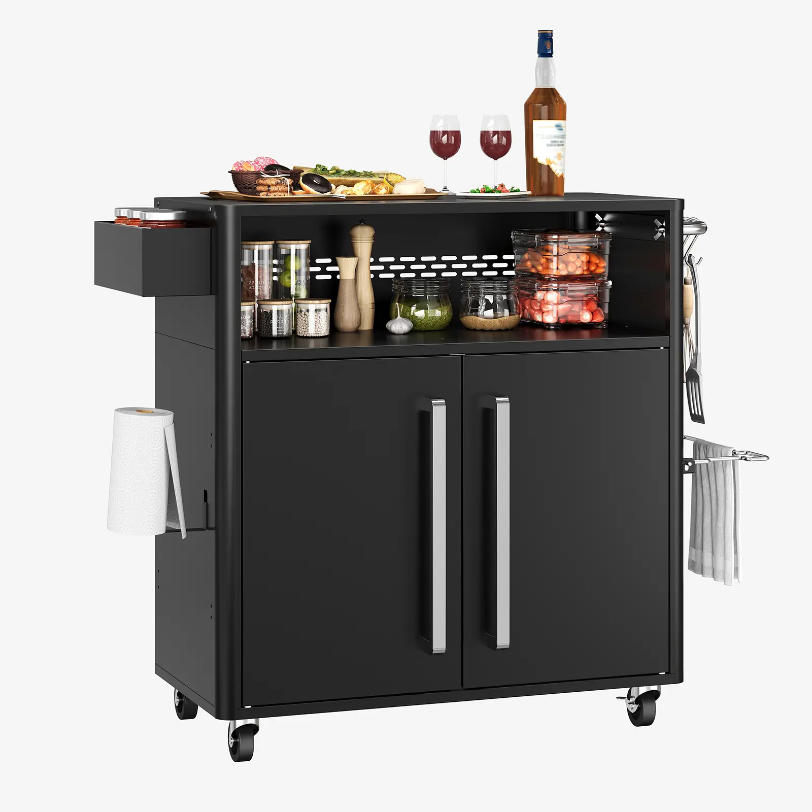 Outdoor Kitchen Cart with Storage Cabinet, Heavy Duty BBQ Station with Lockable Wheels & Shelf, 1000 LB Capacity, Weather Resistant Outside Kitchen Island for Patio Garden Yard