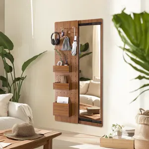59"H Walnut Pegboard Storage Dressing Mirror, Wall-Mounted Full-Length Mirror, Multifunctional Rubberwood Frame, Shelf & Hooks, Sliding Panel, Walnut, for Entry, bedroom, living room, apartment, hallway.