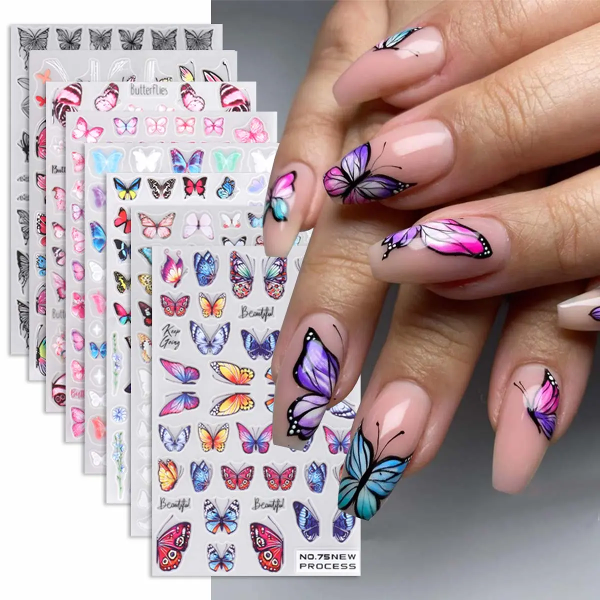8-Piece Butterfly Nail Art Stickers Set, Vibrant Butterfly Wing Spring Design Glossy Finish Nail Decals, Manicure Decoration, Nail Art Products