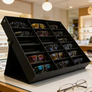 18-Slot Sunglass Organizer & Sunglasses Case,Lightweight Storage Display Case with Metal Snap Buttons for 18 Pairs,Eyeglass Holder & Glass Display Box for Desk & Vanity