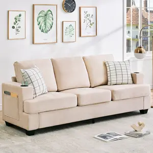 Sofa for Living Room, 89-Inch Comfy Love Seat Couches with Deep Seat, Modern 3-Seater Sofa Couch with Cup Holders and Side Storage Pockets for Living Room Apartment Lounge, Beige