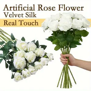 Real Touch White Silk Long-Stem Roses Artificial Rose Bouquet, Eternal Rose Flowers, Suitable for Wedding, Valentine's Day, Mother's Day and Birthday Party Decorations, Wedding Flowers | Elegant Arrangements | Lush Bouquets
