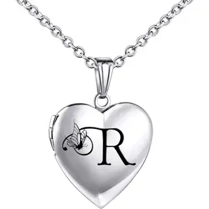 Butterfly Locket Necklace that Holds Pictures Initial Alphabet Letter Heart Shaped Photo Memory Locket Pendant Necklace