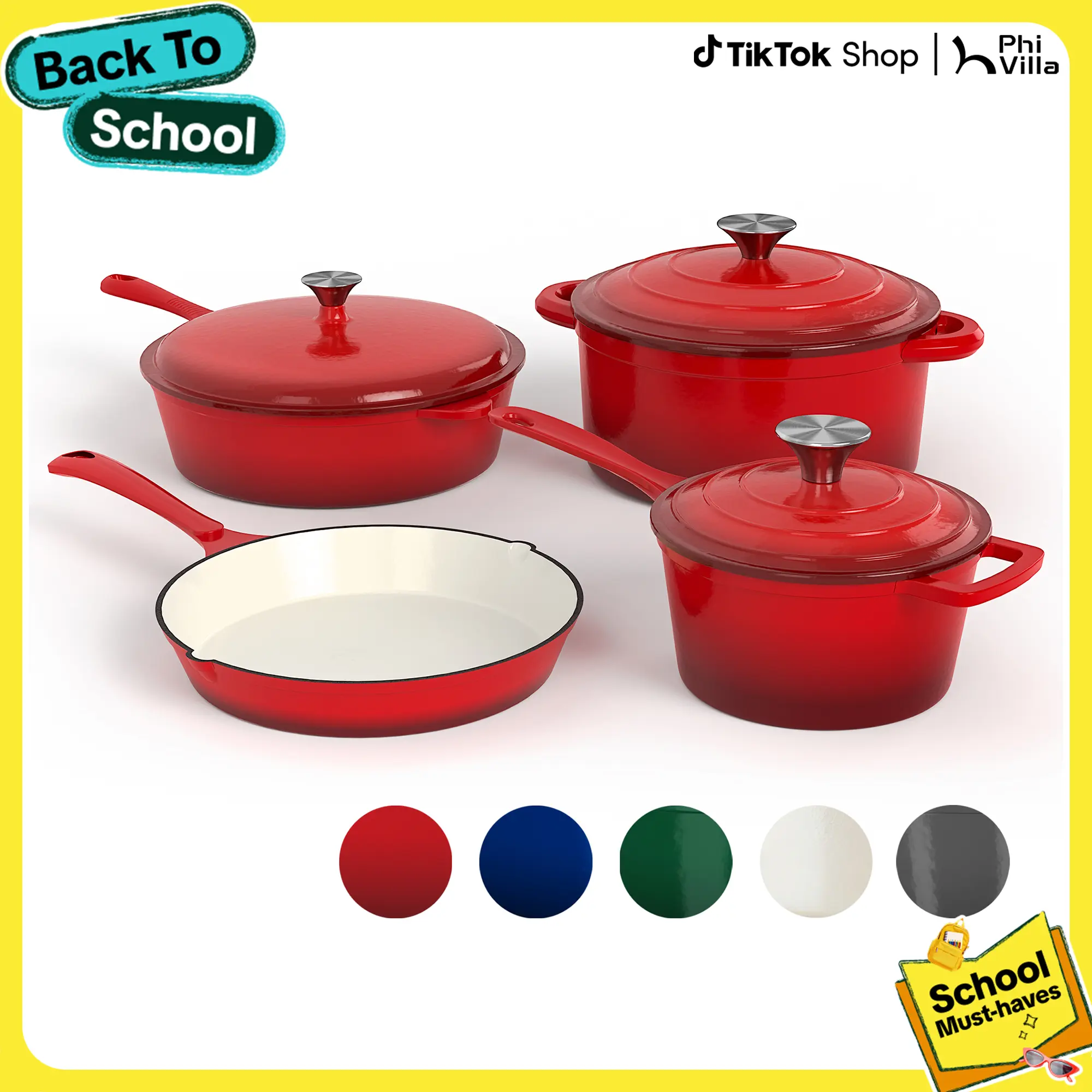 Kitchen Academy Enamel Cast Iron 7 Piece Cookware Set, Dutch Oven Pot with Lid, Red Non Stick Pots and Pans set, Oven Safe up to 500°F Cooking Modern